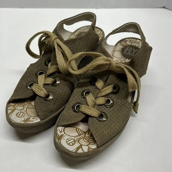 Fly London Ylva Wedges Sandals Open Toe Lace Up Suede Shoes Tan Brown Size 9 - Picture 2 of 10